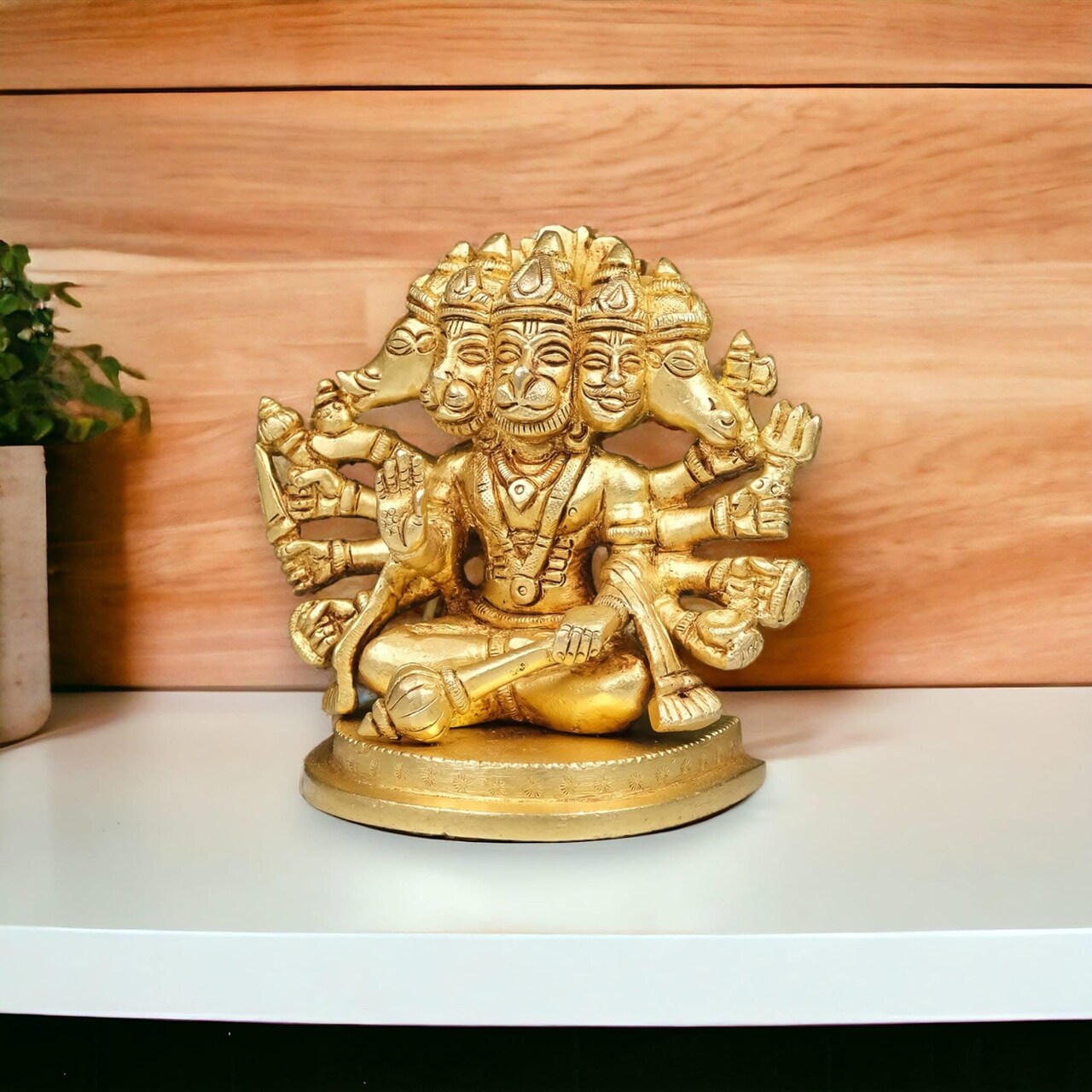 Brass Panchmukhi Hanuman Statue Anjani Pawan Putra Lord Bajrangbali Idol Murti Hindu Religious Divine Sculpture for Home Office Entrance Pooja Room Temple Mandir Decor Housewarming Gift
